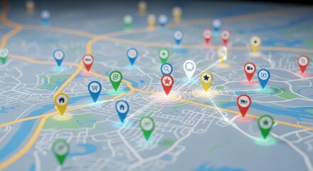 Route planning with location markers displayed on detailed street map. Route planning includes different colorful navigation pointers scattered across route map,
