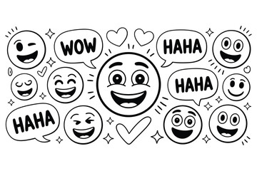 Comic Emoji Smiley Doodle Vector Set | Speech Bubble Wow Haha Laugh Face Clipart | Cartoon Reaction EPS