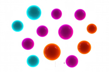 Glossy 3d spheres in bright cyan, magenta, and orange colors, floating as an abstract design element. Transparent background