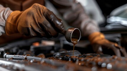 Closeup of a mechanics gloved hand pouring used engine oil from a socket wrench onto the engine, showcasing the process of oil change and maintenance in a garage setting with focus on the dirty oil