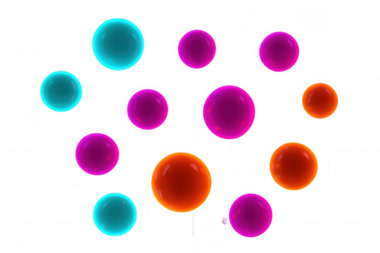 Glossy 3d spheres in bright cyan, magenta, and orange colors, floating as an abstract design element. Transparent background - Powered by Adobe