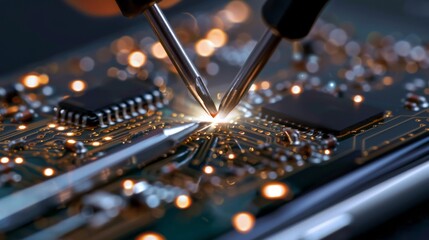 A closeup shot captures the intricate process of soldering on a circuit board, with bright sparks illuminating the delicate connections and highlighting the precision of the work being done
