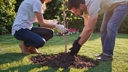 Young man and woman working together to plant a small tree in their green garden. Happy couple enjoying gardening on a sunny summer day - Powered by Adobe