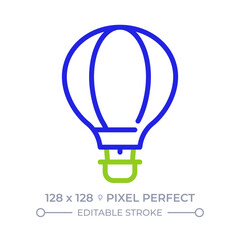 Obraz premium Hot air balloon pixel perfect two color line icon. Romantic vintage aircraft. Old fashioned travel bicolor outline symbol. Duotone linear pictogram. Isolated illustration. Editable stroke