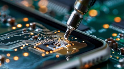 Close-up of Soldering Iron Repairing Motherboard, High Tech Circuit with Glowing Orange Lights