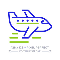 Airplane pixel perfect two color line icon. Passenger plane flying in sky. Modern aircraft. Travelling by air bicolor outline symbol. Duotone linear pictogram. Isolated illustration. Editable stroke