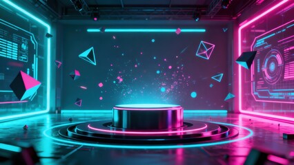 Obraz premium Futuristic stage platform glows with vibrant neon illumination in a dark environment