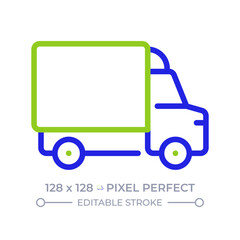 Truck pixel perfect two color line icon. Heavy road vehicle for carrying goods. Lorry transporting cargoes bicolor outline symbol. Duotone linear pictogram. Isolated illustration. Editable stroke