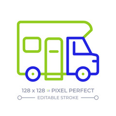 Recreation vehicle pixel perfect two color line icon. Trailer equipped with living quarters for accommodation bicolor outline symbol. Duotone linear pictogram. Isolated illustration. Editable stroke