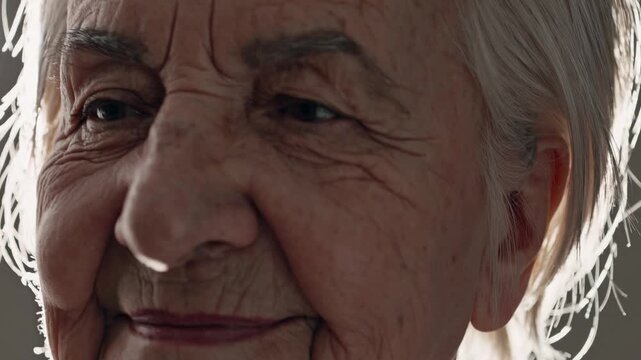 Extreme close up portrait of a serene senior woman's face. Her kind eyes and gentle smile reflect a lifetime of wisdom and experience