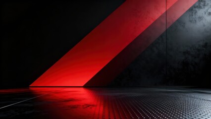 Dramatic red diagonal light stripes illuminate a dark, textured industrial room