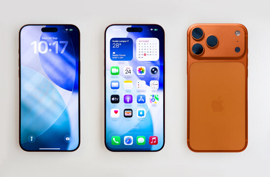 Kuala Lumpur, Malaysia - September 24, 2025: Apple iPhone 17 pro showing locked screen, home screen and back side of the phone