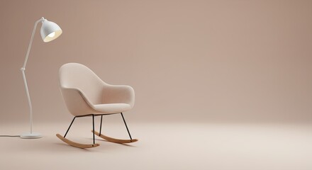 Scandinavian Minimalist Interior Design with Modern Beige Rocking Chair and White Floor Lamp