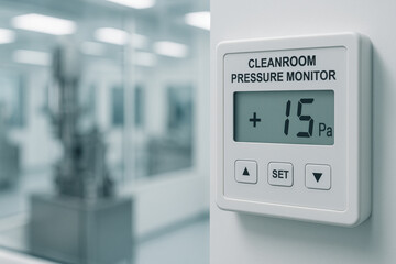 Cleanroom pressure monitor displaying positive pressure with blurred sterile manufacturing environment in background, showing controlled and clean industrial setting