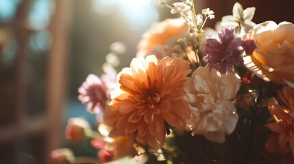 A close-up shot of a bouquet of flowers with the sun shining in the background, creating a warm and inviting atmosphere for any occasion.
