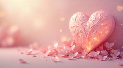 A beautifully detailed decorative heart surrounded by delicate pink blossoms and illuminated with soft, warm glowing sparkles