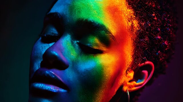 Model poses with vibrant rainbow lighting in artistic photography session showcasing colors and beauty