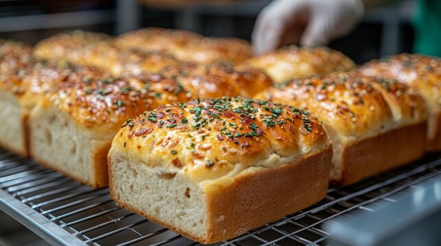 Soft, golden-brown loaves topped with herbs cool on a rack, enticing customers with their aroma in a cozy bakery