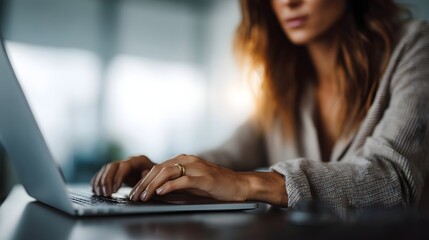 Focused woman s hands typing on a laptop engaging with financial data in a warmly lit modern indoor workspace