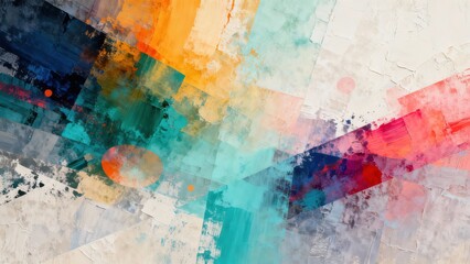 Fototapeta premium Vibrant abstract composition features layered brushstrokes and geometric shapes in bold colors
