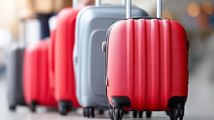 In a bustling airport terminal, a group of travelers navigates through the crowd, each person carrying colorful luggage