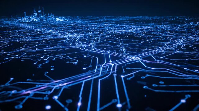 Glowing blue circuit board connections spread across a dark background with a cityscape in the distance, showcasing a futuristic technology landscape with neon-like illumination.