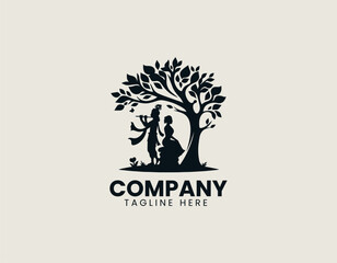 Romantic Hindu deities Radha and Krishna silhouette vector illustration standing under sacred tree. Mythology concept