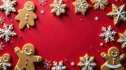 Festive and sweet gingerbread figures and snowflake cookies artfully arranged in a charming decorative pattern against a vibrant background
