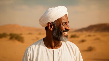 Portrait of a Sudanese Muslim man with a salt-and-pepper beard, wearing a white jalabiya and imama (head wrap), staring seriously into the camera, warm desert tones, medium close-up