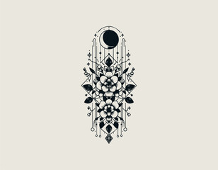 Intricate floral bouquet illustration combined with modern geometric lines and crescent moon symbol. Artistic design concept