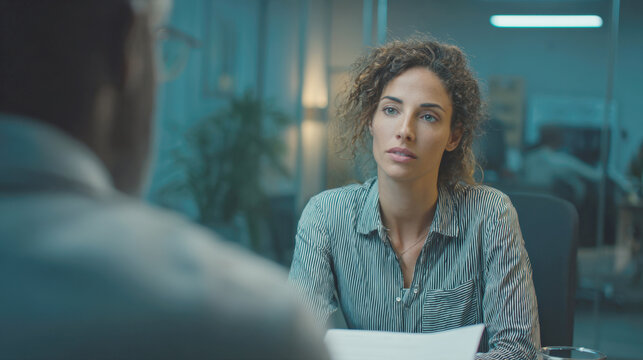 A focused, professional woman with curly hair sits in a modern office, seriously engaging in a conversation or interview with a person across the table, holding papers, under cool, dramatic lighting