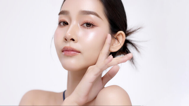 Close up beautiful young Asian girl with k-beauty make up style on isolated white background for commercial beauty advertising.