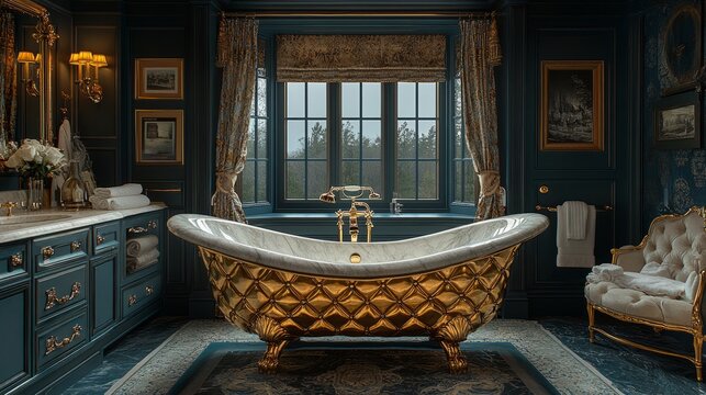 Opulent bathroom featuring a gleaming gold bathtub, dark walls, and sophisticated décor that exudes charm and serenity