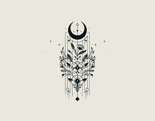 Intricate floral bouquet illustration combined with modern geometric lines and crescent moon symbol. Artistic design concept