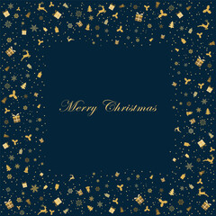 Greeting card with small christmas figurines. Christmas  deer, gifts, snowflakes, christmas tree on dark green background. Vector illustration. Gold pattern