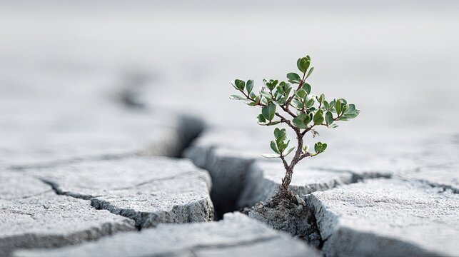 Resilient seedling grows from cracked earth symbolizing growth hope and perseverance