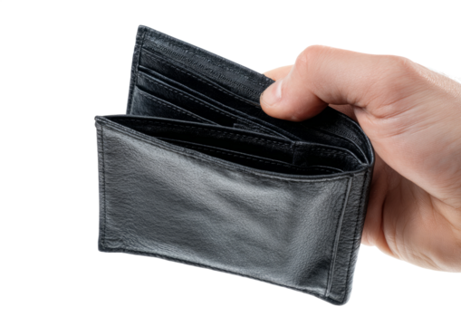 Empty Wallet: A close-up shot of a hand holding an open, empty wallet, highlighting the concept of financial difficulties, economic uncertainty, and personal debt.