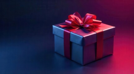 Fototapeta premium A beautifully wrapped gift box with a vibrant red bow sits prominently on a dark, moody surface illuminated by soft colored lights