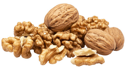 Pile of Shelled and Unshelled Walnuts isolated on a transparent background