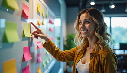 Professional woman smiling while organizing colorful sticky notes on a glass board in an office