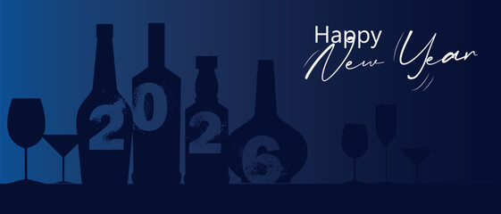 Happy New Year, party concept, festival, flat design banner, restaurant poster, alcohol bottle collection. 2026 inscription, year number, dark background, New Year's celebration, champagne, wine
