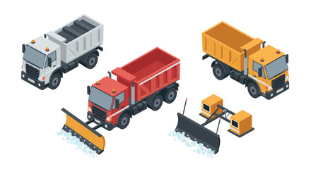 Isometric dump trucks and snow plows collection for construction and winter