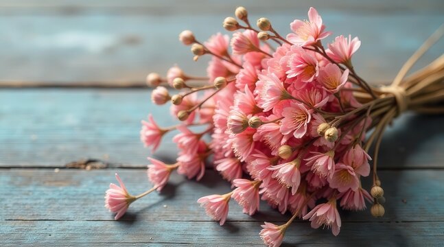 Delicate pink blossoms artfully arranged on weathered, rustic wooden planks create a gentle, natural composition that evokes feelings of serene beauty and tender affection
