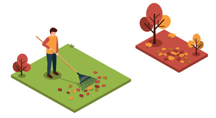 Isometric autumn scene: man raking leaves in vibrant fall landscape