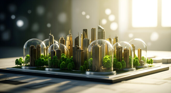 Futuristic miniature city with green spaces and glass domes
