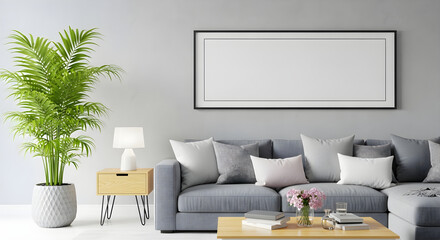 Modern living room with comfortable sofa and large blank picture frame