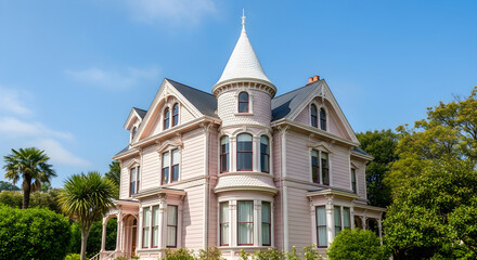 Victorian mansion with spire and lush greenery