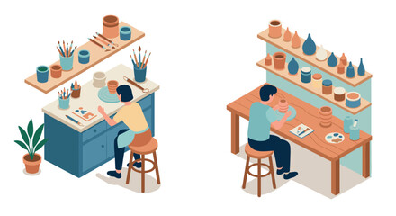 Isometric pottery studio scenes with artists crafting clay ceramics in creative workshop