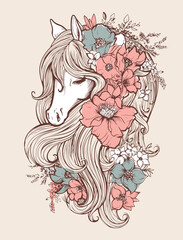 Horse head with long mane decorated with large flowers and leaves. Detailed hand-drawn vector illustration on beige background. Animal and floral art concept for design, print, and poster.