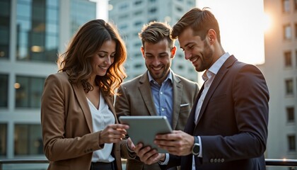Three young professionals smiling while discussing on tablet during sunset in urban setting